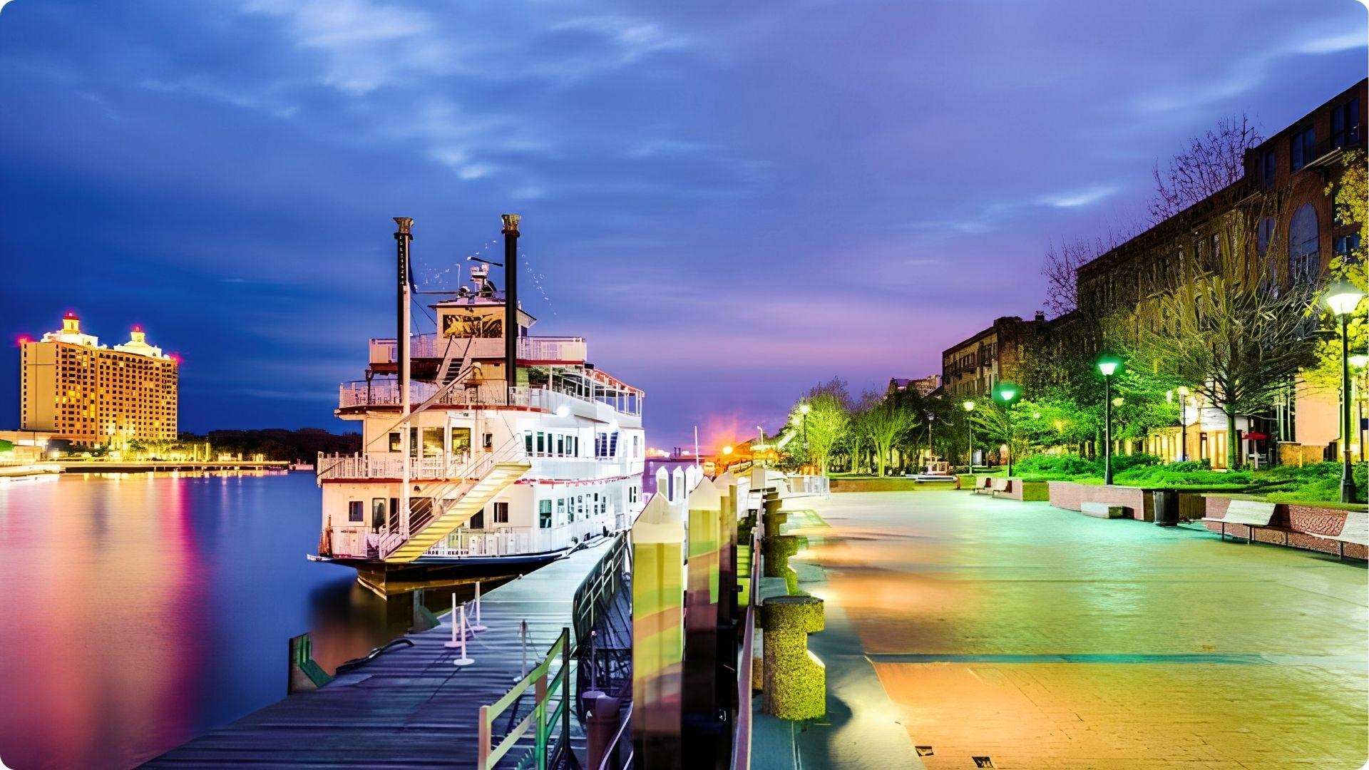 An illuminated riverboat docked at Savannah Riverfront at twilight on a self-guided walking tour route.