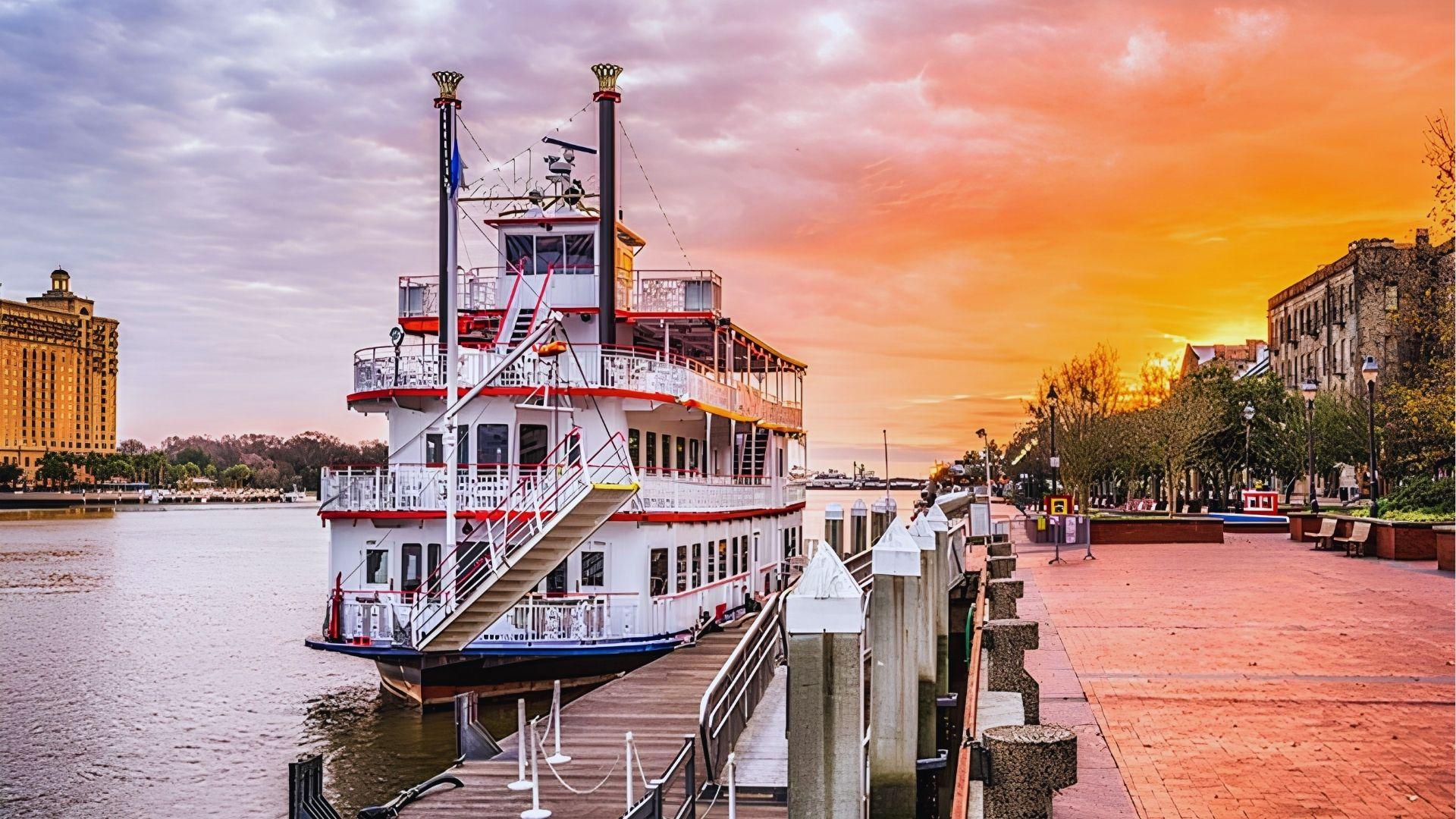White riverboat docked at sunset on Savannah waterfront with orange sky and brick promenade today.