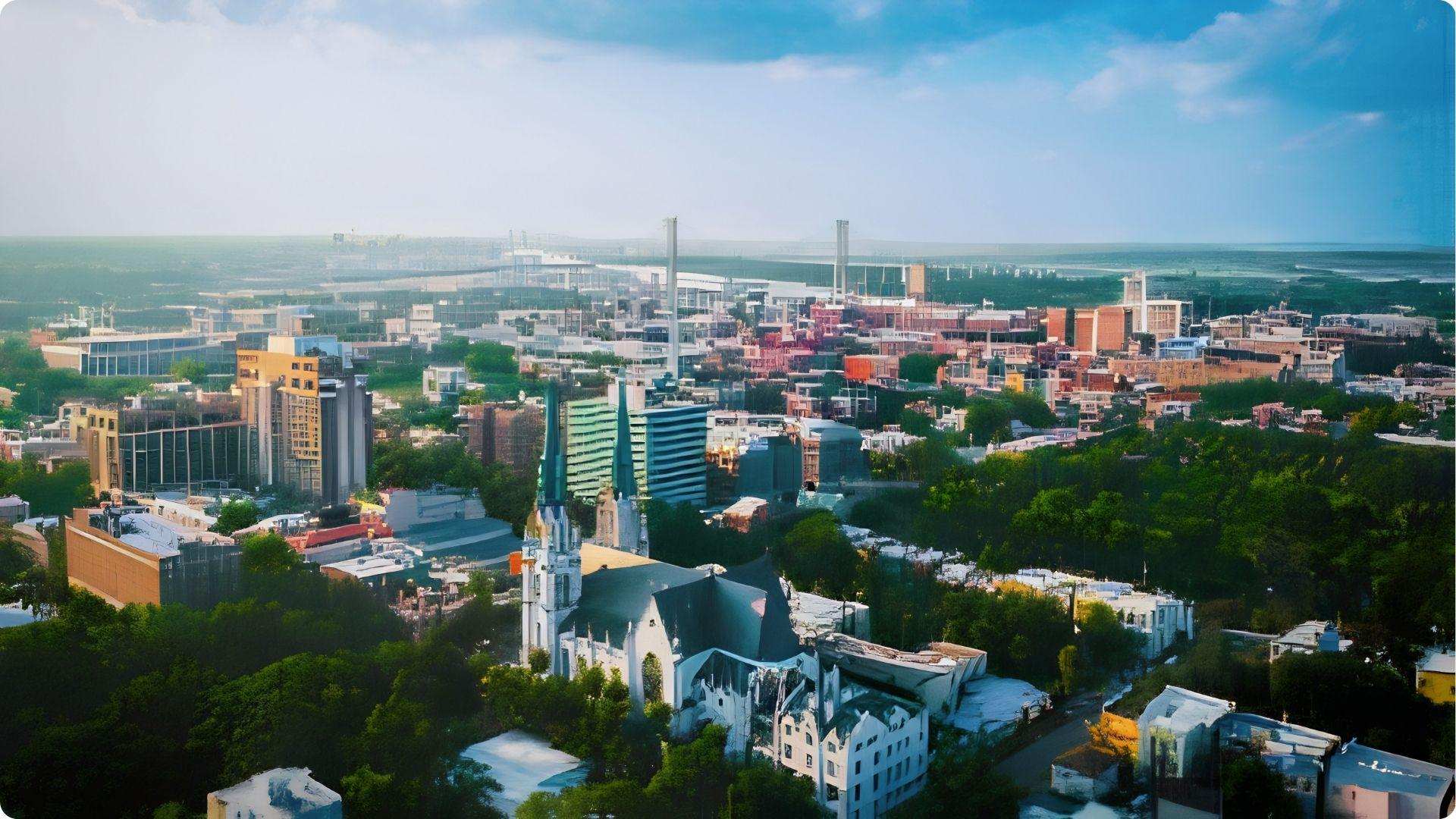 Scenic view of Savannah, Georgia, featuring a central green park amidst the urban landscape and historic architecture.