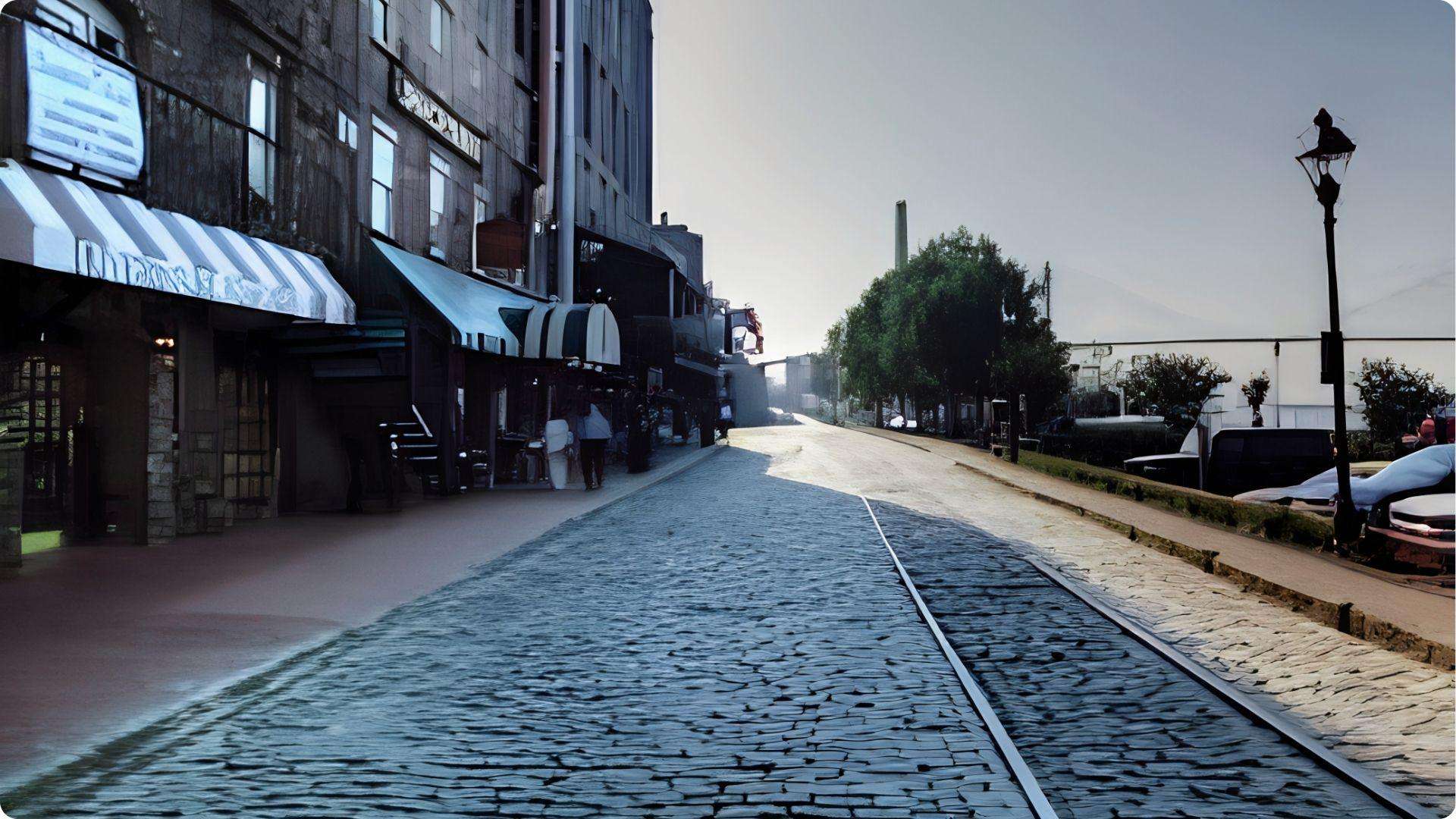 Historic cobblestone River Street with striped awnings and shops on Savannah self-guided walking tour.