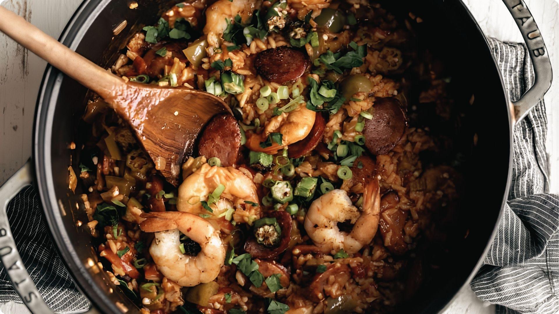 Hearty New Orleans jambalaya pot with shrimp, andouille sausage, rice, okra, and green onions.