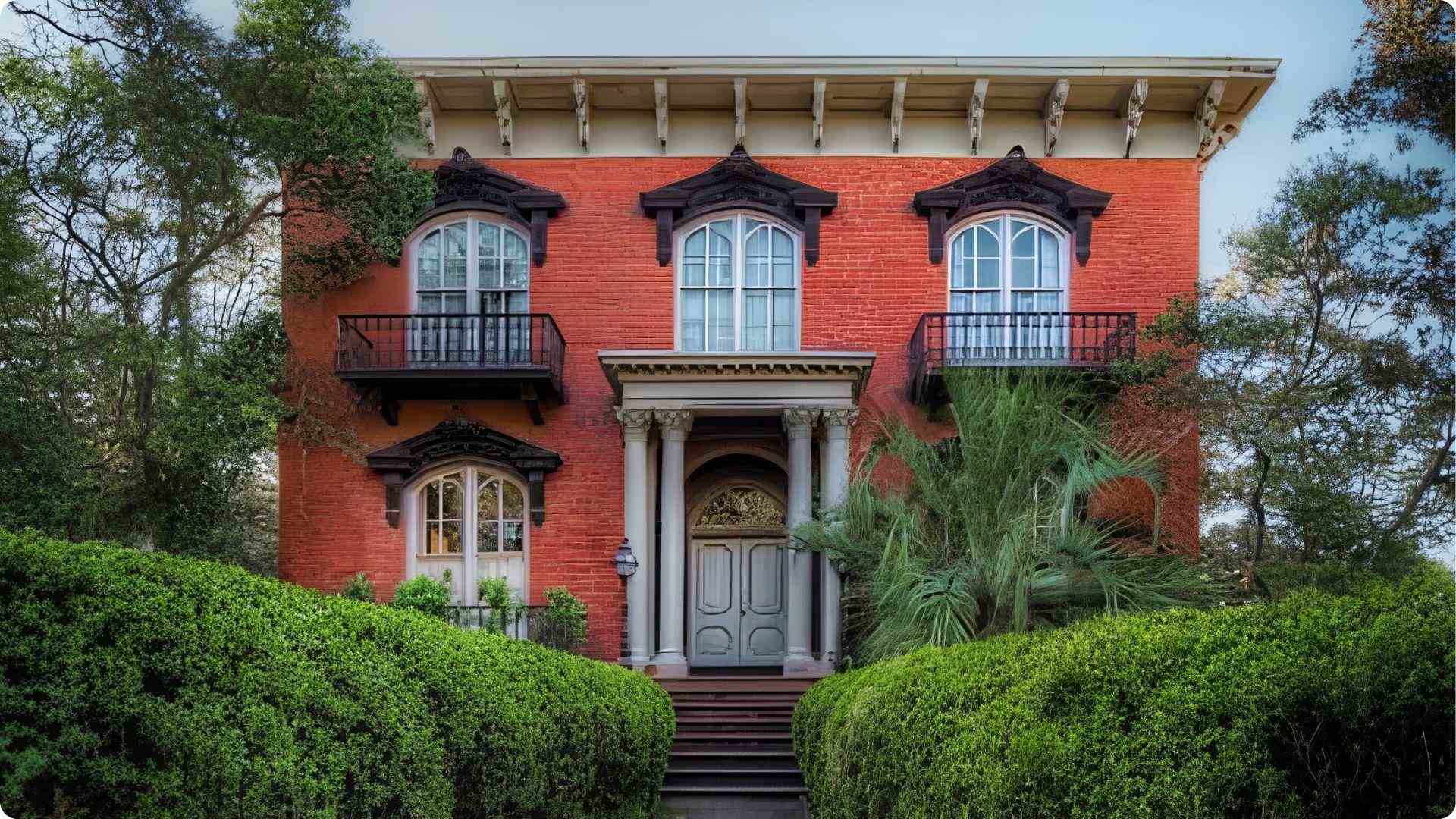 Red brick Mercer Williams House with arched windows and balconies on Savannah self-guided walking tour.