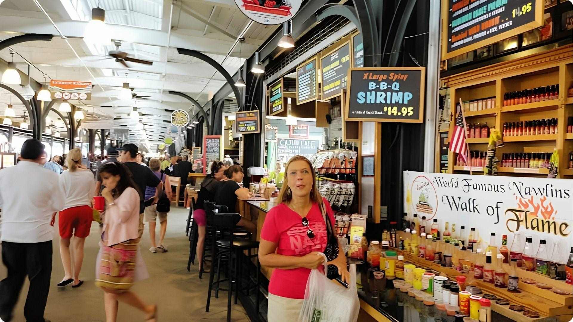 Bustling French Market food hall with BBQ shrimp and hot sauces, must-visit culinary spot in French Quarter