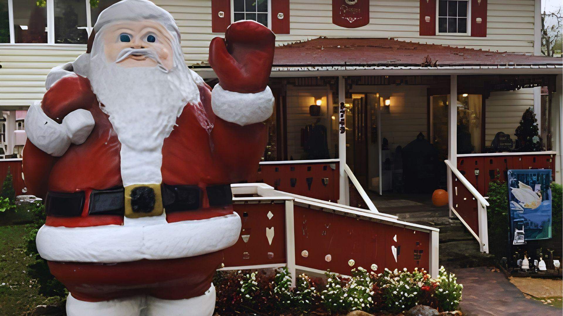 Giant cheerful Santa Claus statue waving outside Bavarian-style shop with red railings and flowers nearby.
