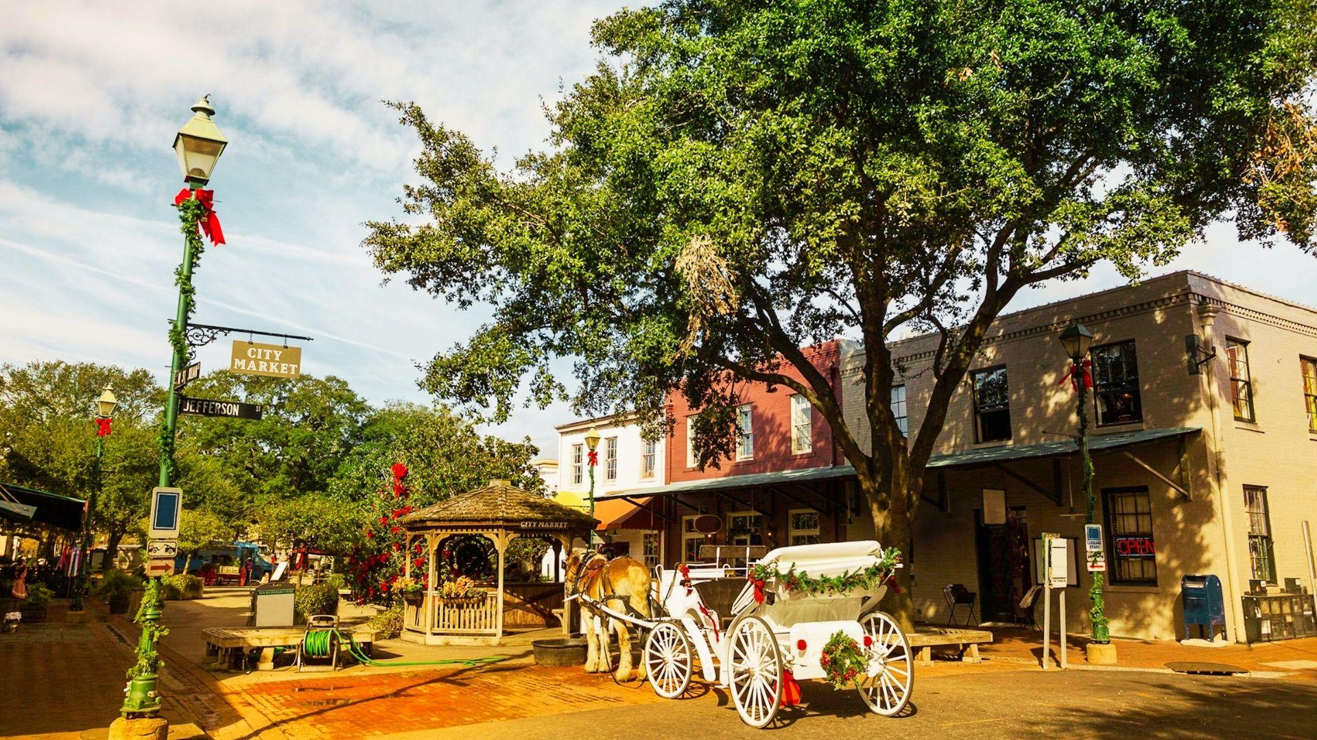 A horse-drawn carriage parked in front of a historic building in Savannah, the city's charm and tourism.