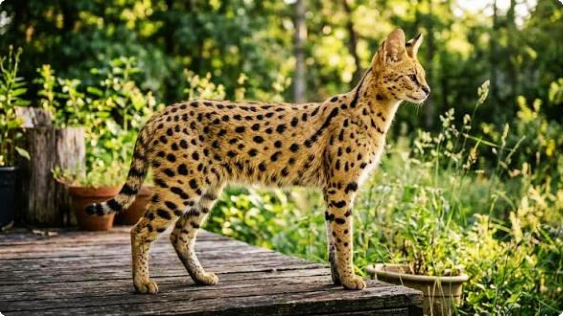 Full body Savannah cat standing on wooden deck outdoors, showing extra tall height and leopard-like large size
