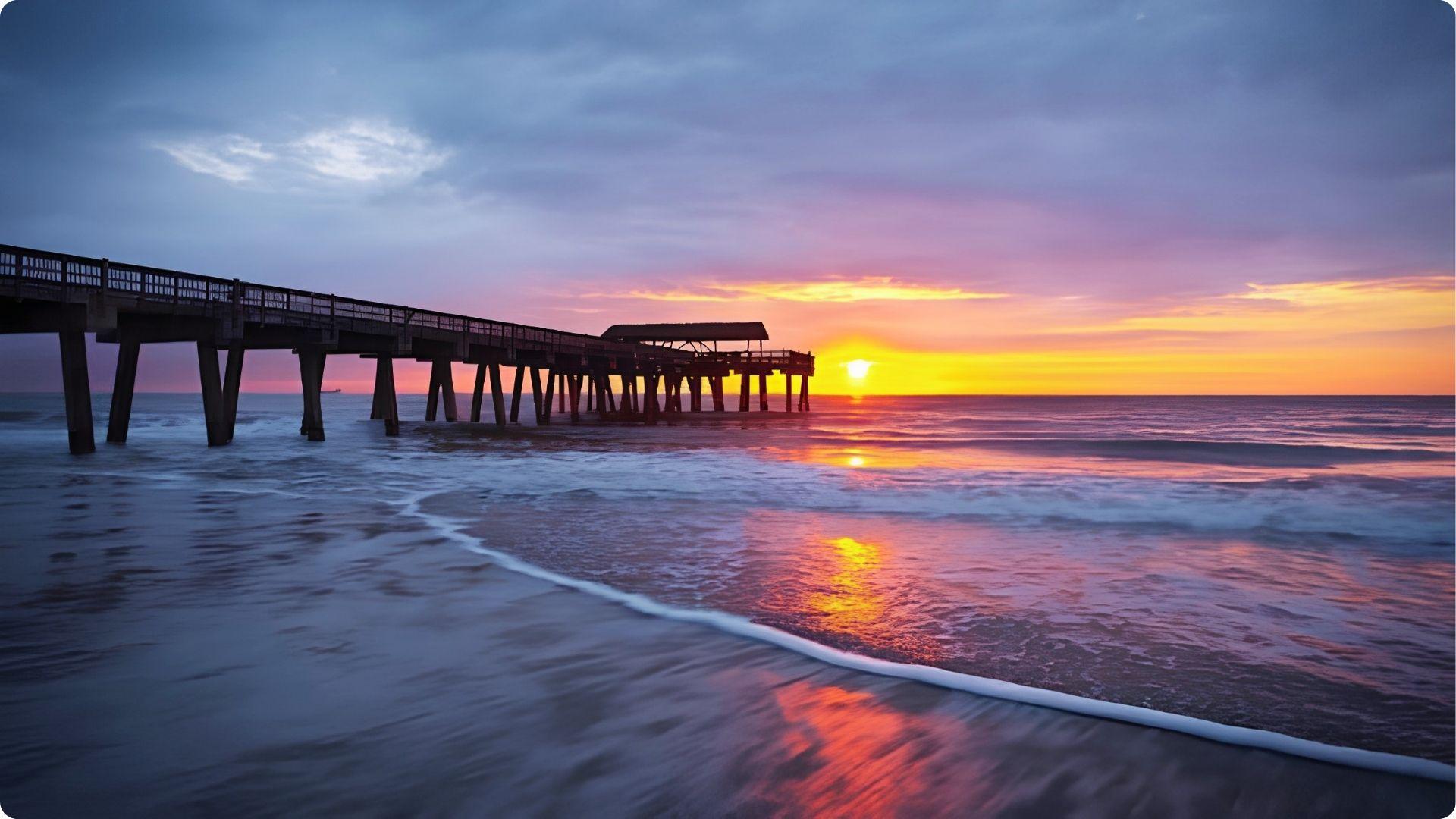 Sunrise over Tybee Island Pier with waves reflecting orange sky near Savannah Georgia beach