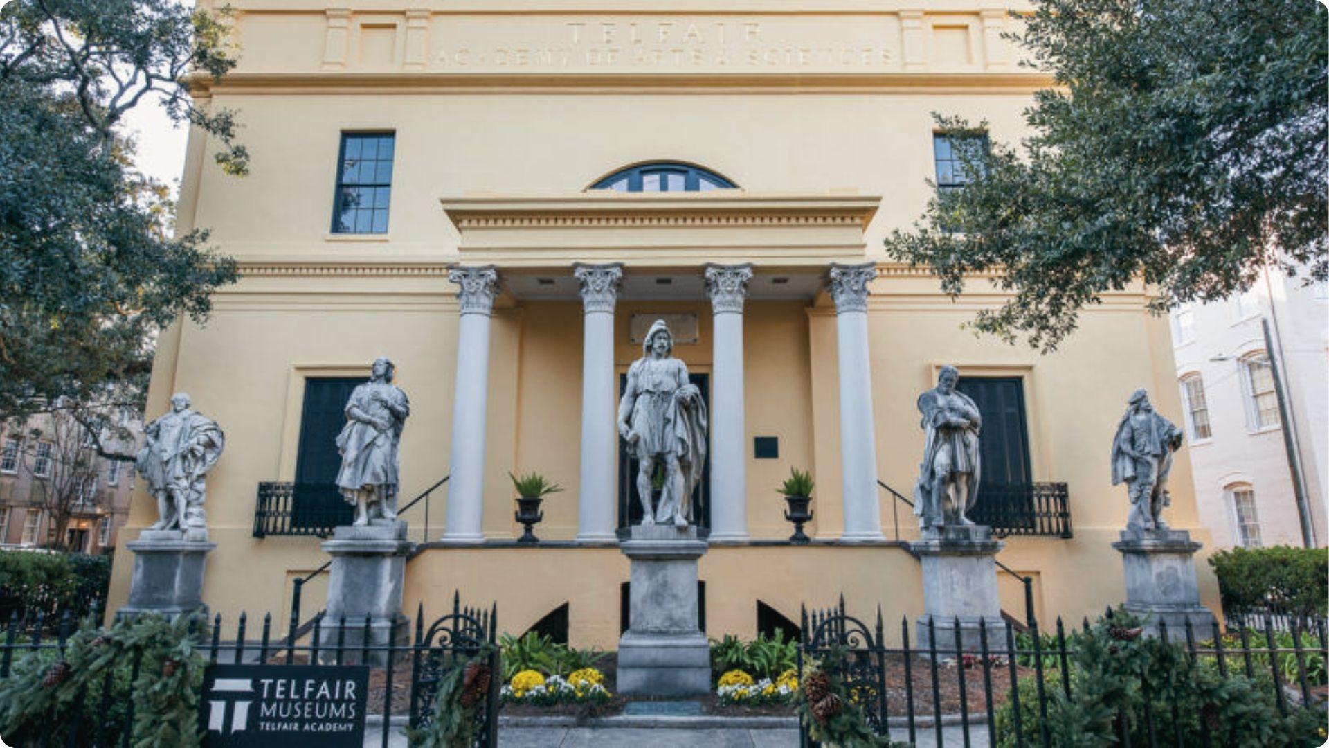 Telfair Academy museum with columns and historic statues, art stop on Savannah walking tour map route
