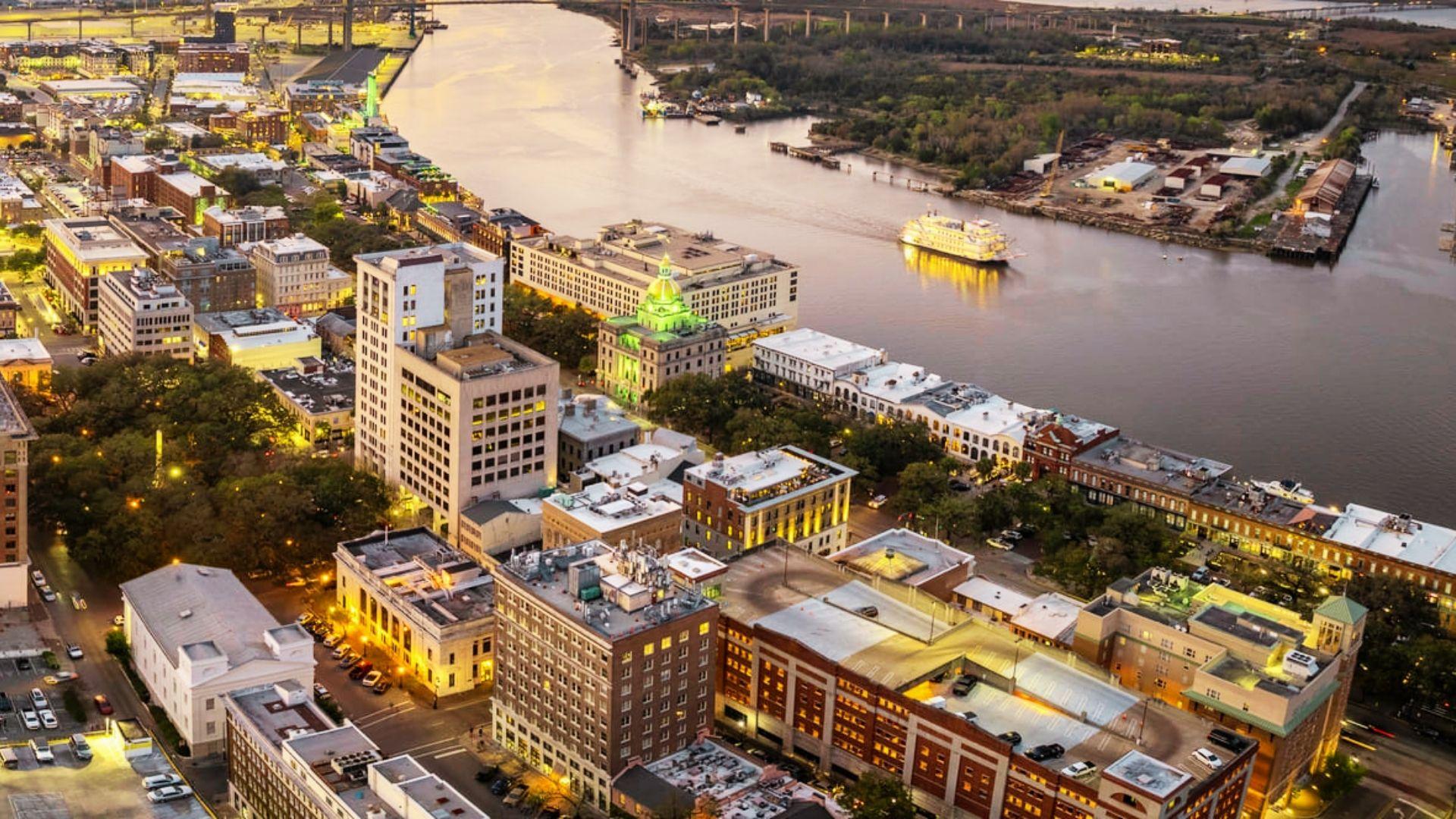 Aerial view showing waterfront locality of Savannah.
