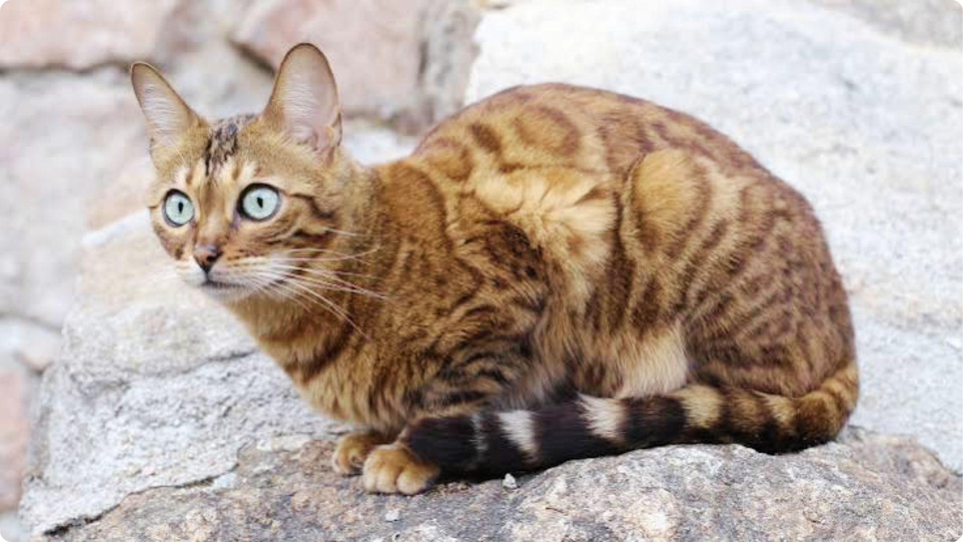 Bengal-like Savannah cat with striking green eyes crouched on rock outdoors displaying compact muscular size