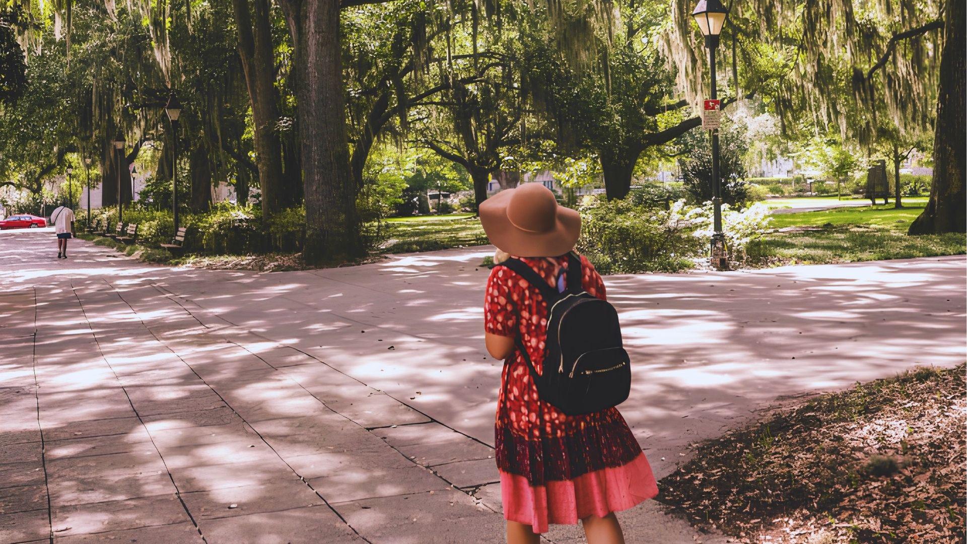 Woman in red floral dress and hat walking along moss-draped oak pathway in Forsyth Park.