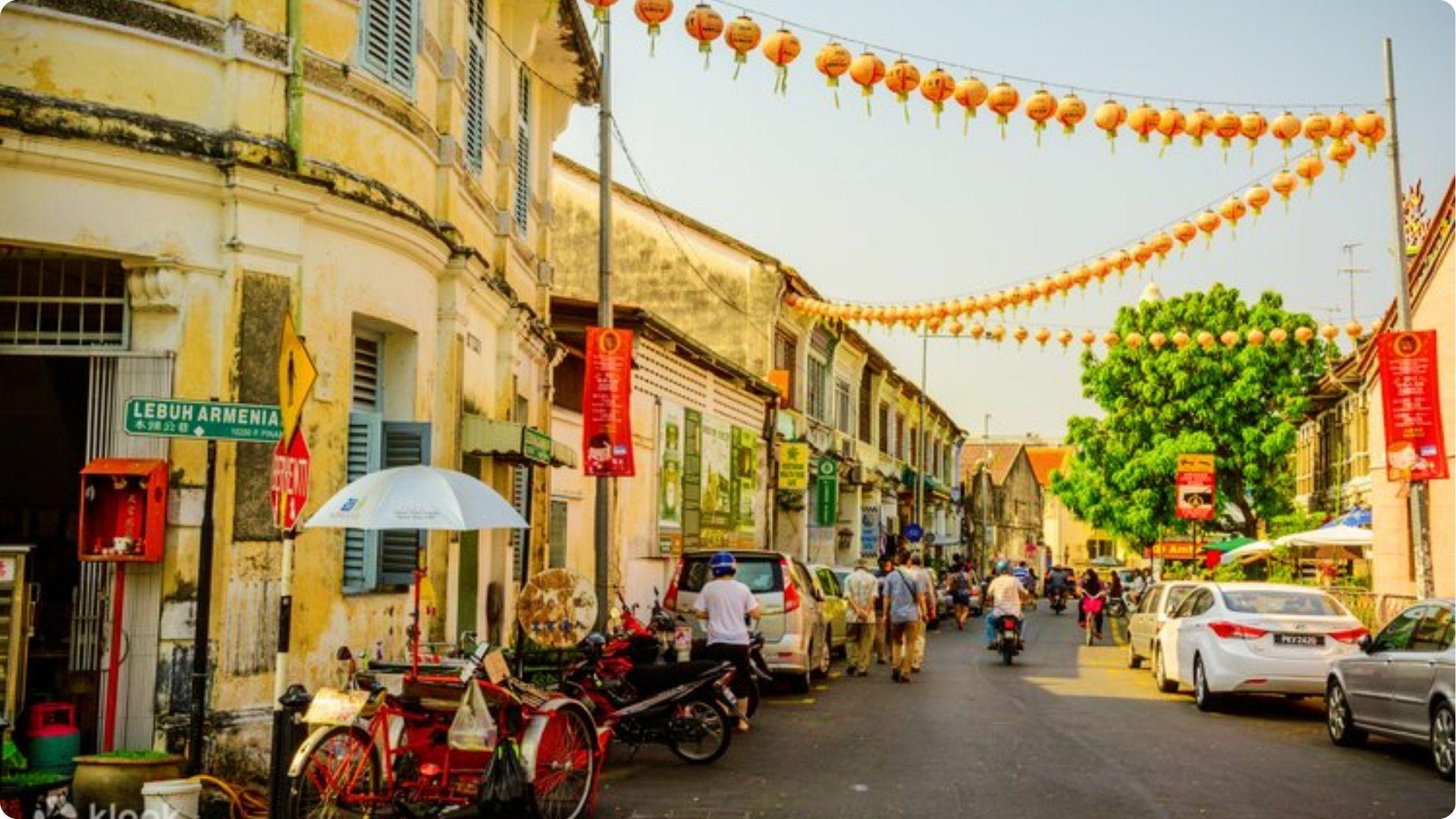 Colorful lantern street with rickshaws and shops, cultural walking tour for couples in Myrtle Beach