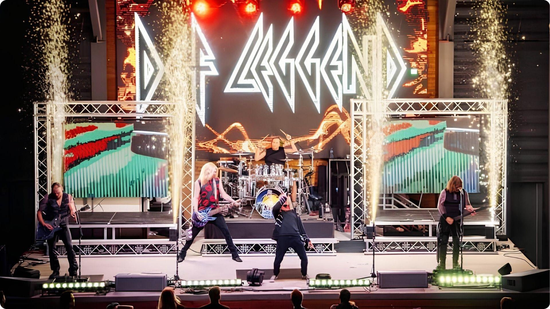 Rock band performing on stage with pyrotechnics and lights, exciting concert date for Myrtle Beach couples