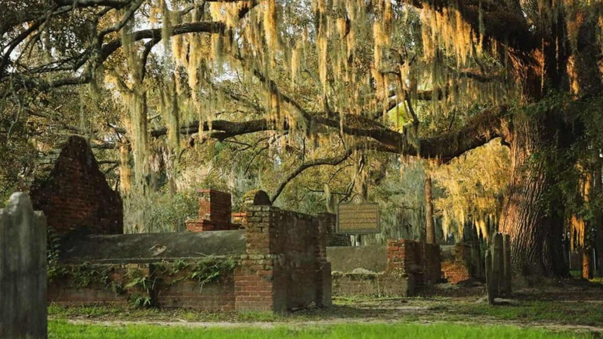 Historic Colonial Park Cemetery with old gravestones and large oak trees in Savannah