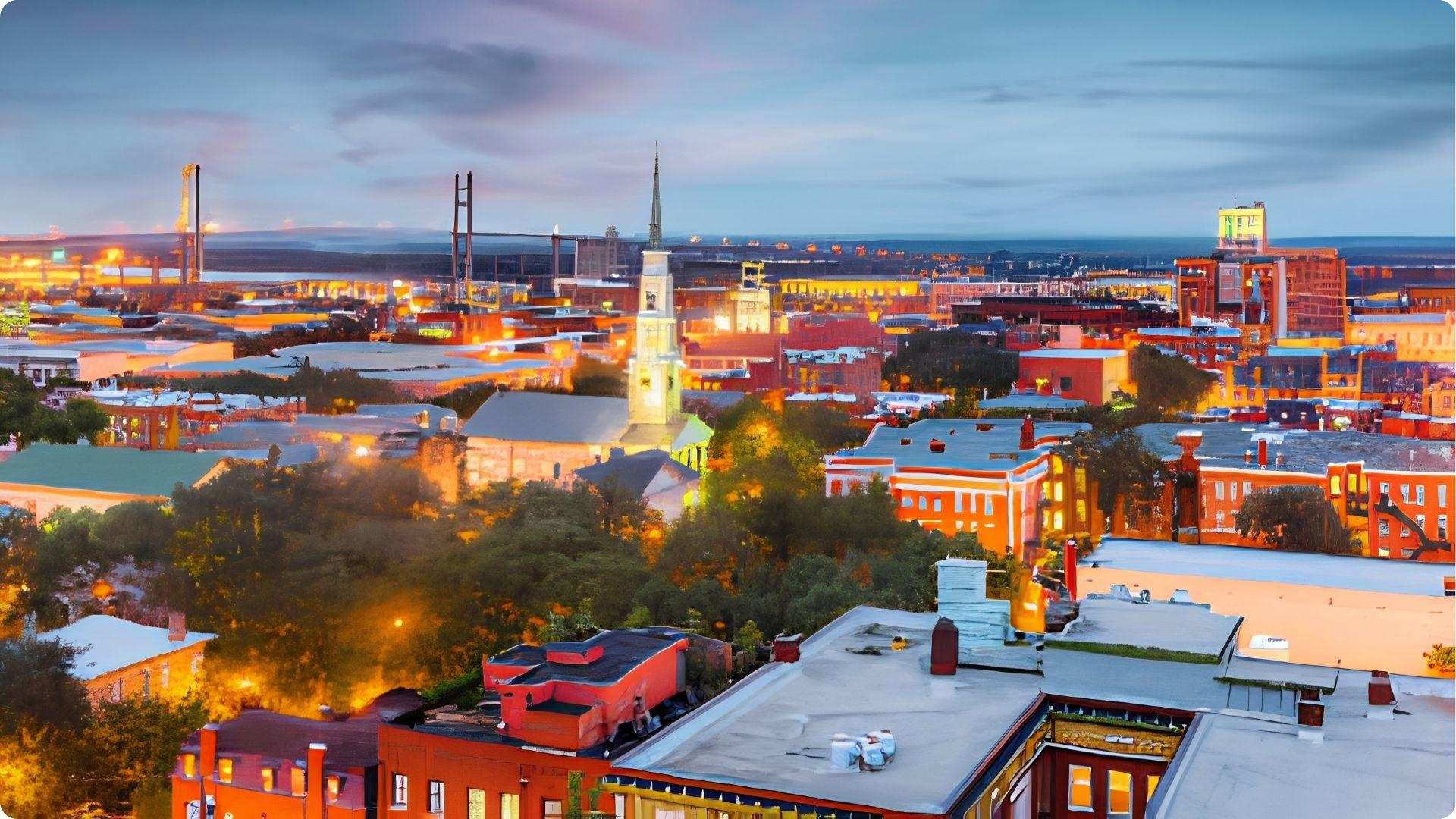 A vibrant cityscape of Savannah featuring historic buildings and lush trees, showcasing the city's charm and greenery.