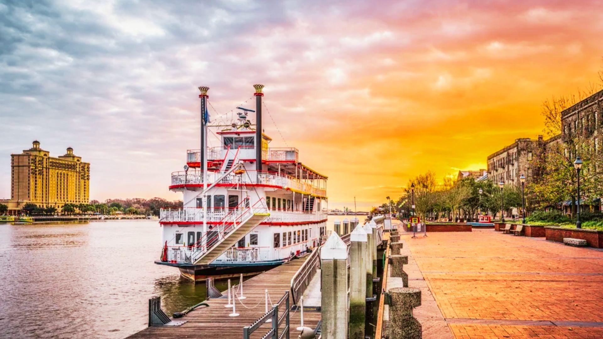 A riverboat moored at sunset in front of a building, the charm of Savannah's waterfront area.