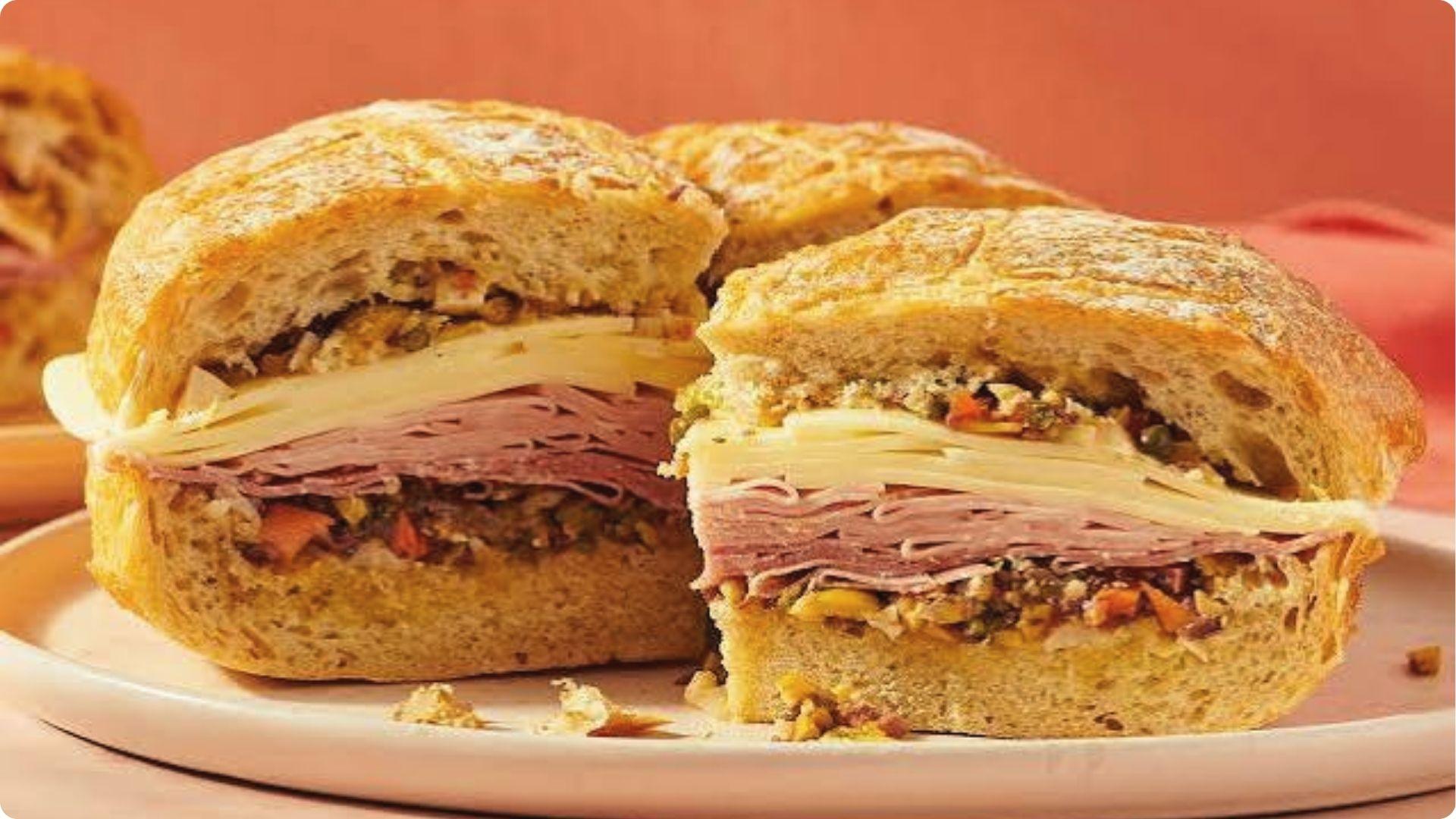 Classic New Orleans muffuletta sliced, layered ham, cheese, olive salad on crusty Italian bread loaf.