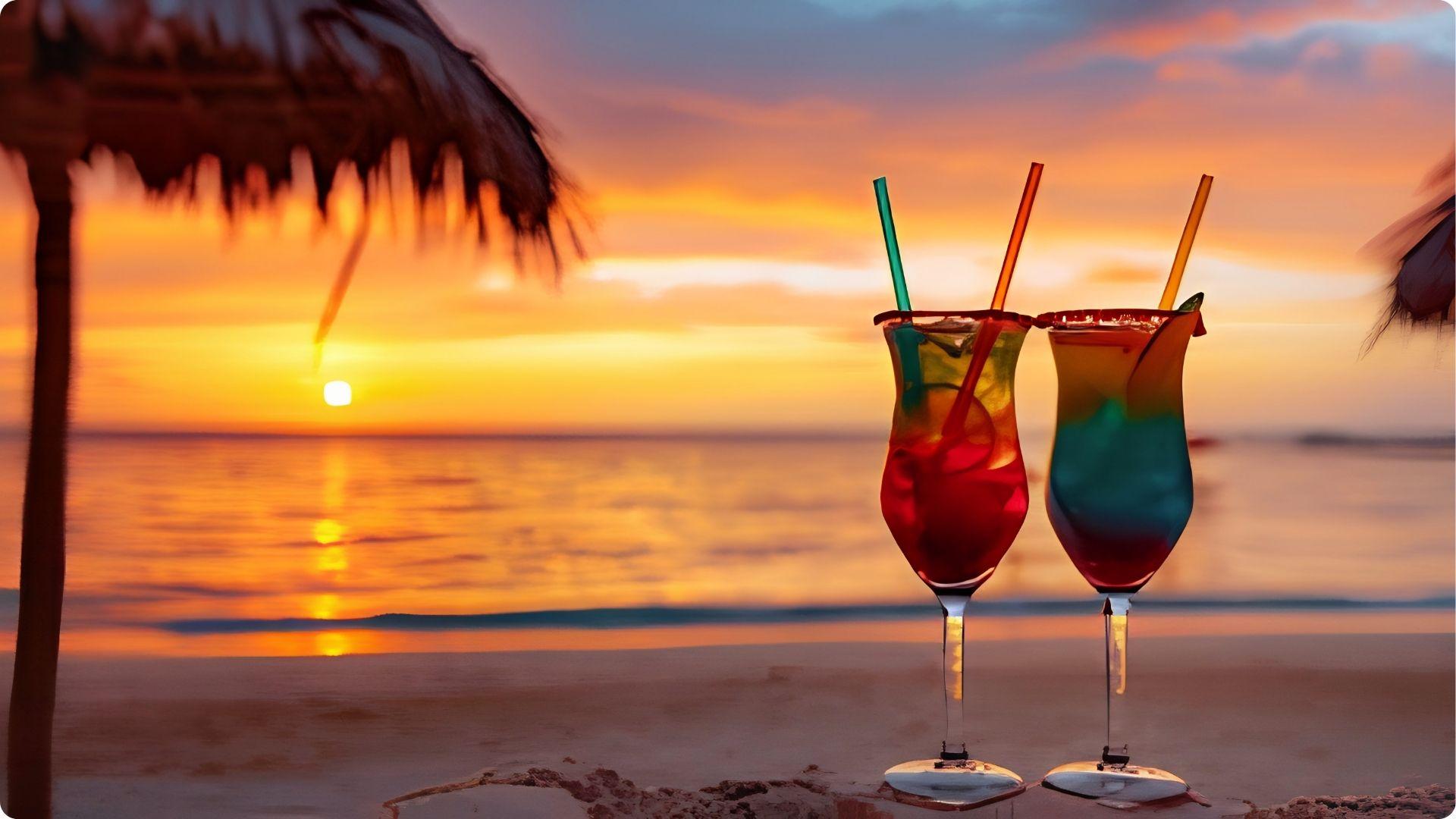 Two colorful cocktails on beach at golden sunset with tiki umbrella, romantic drinks in Myrtle Beach