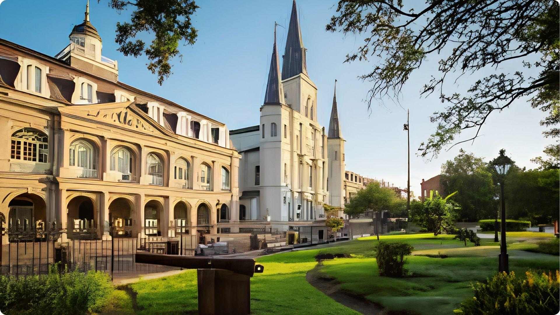St. Louis Cathedral and Presbytere overlooking Jackson Square, iconic landmark for French Quarter sightseeing