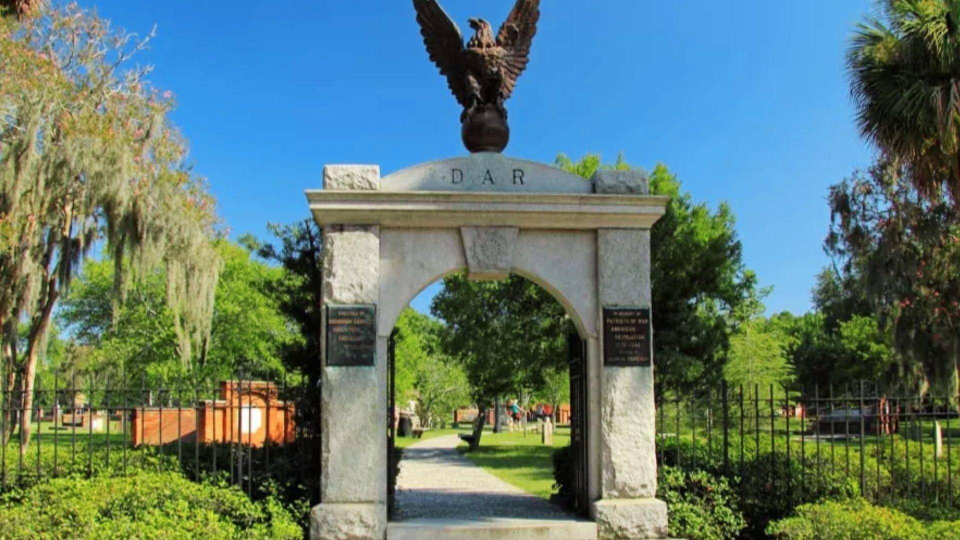 DAR gate entrance at Bonaventure Cemetery, iconic Savannah movie filming location