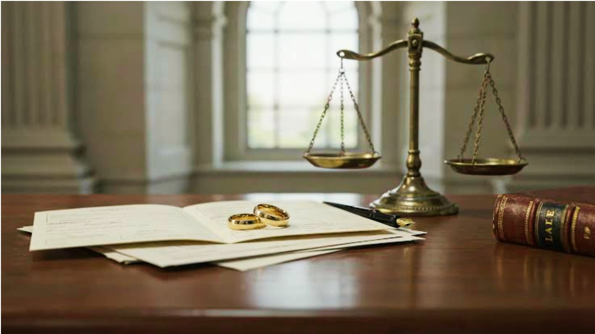 Wedding rings on marriage documents with justice scale for Georgia law