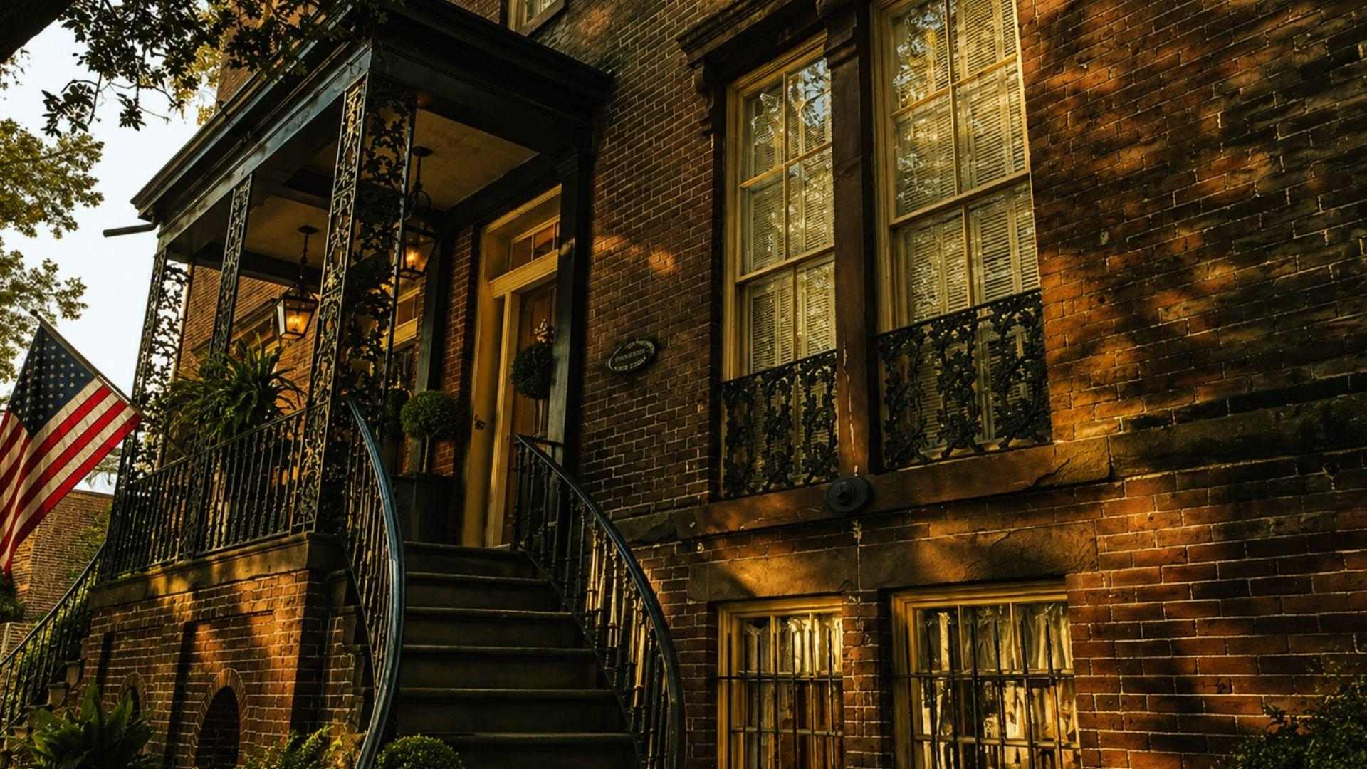 Brick historic townhouse with curved iron staircase, ornate balcony, American flag, warm sunset light.