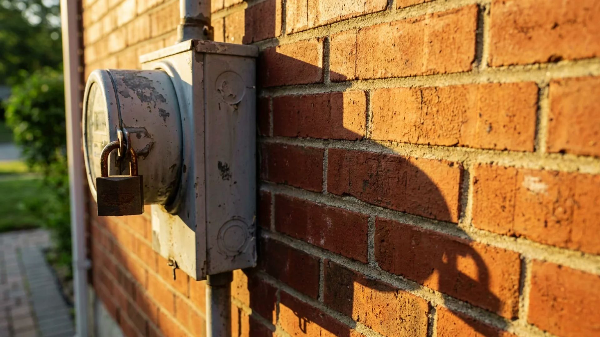 Locked electric meter on brick wall depicting illegal utility shutoff by landlord