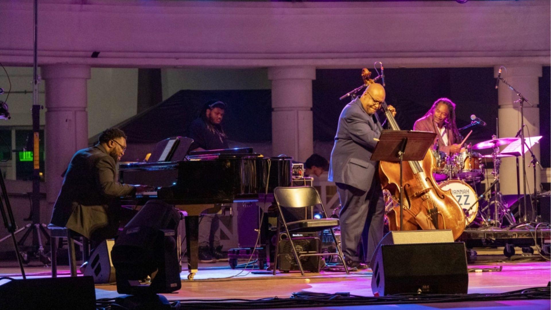 Live jazz band performing at Savannah Jazz Festival in October at night
