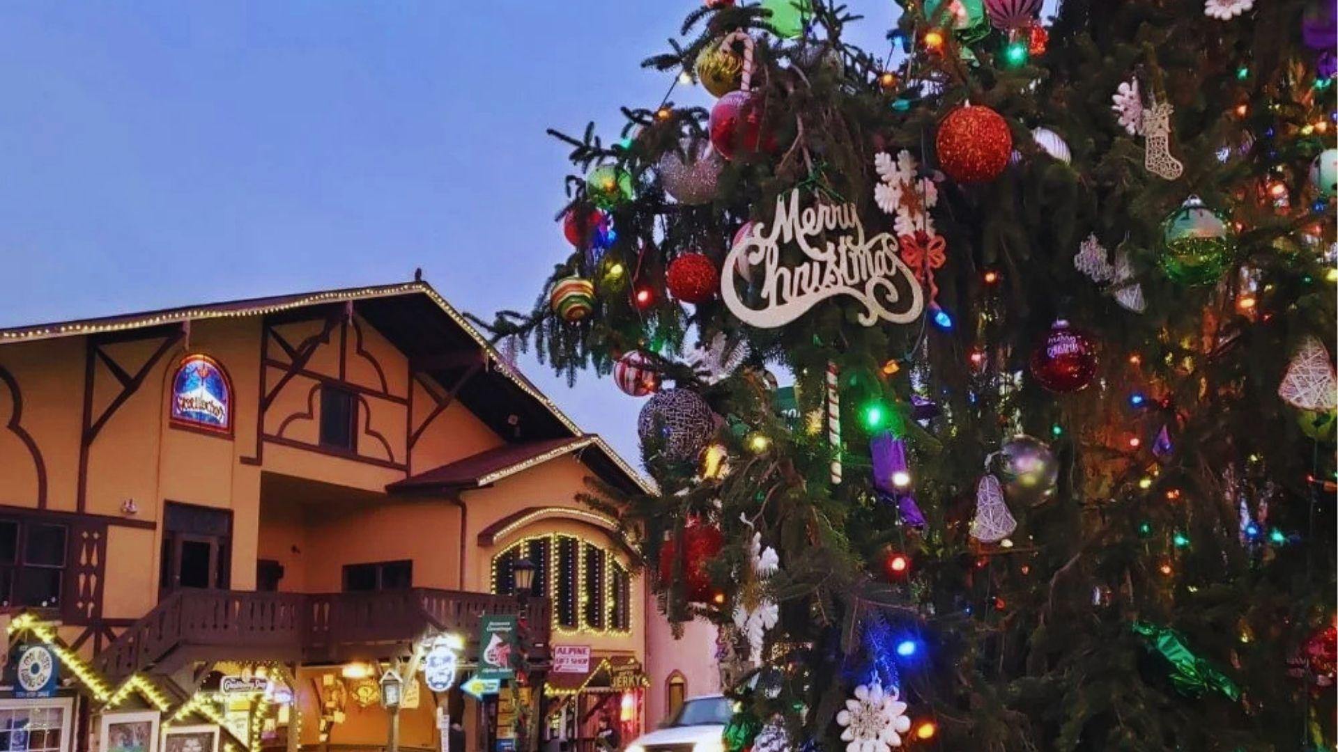 Close-up of decorated Christmas tree with Merry Christmas sign ornaments and Bavarian building in background.