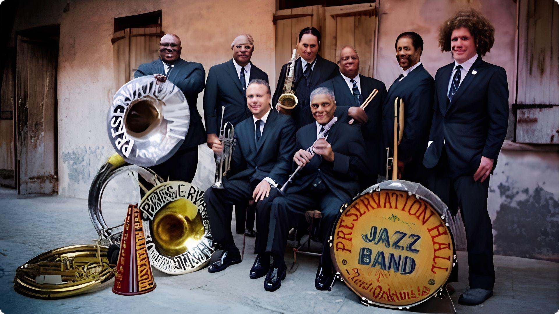 Preservation Hall Jazz Band with brass instruments, must-see live jazz experience in New Orleans French Quarter
