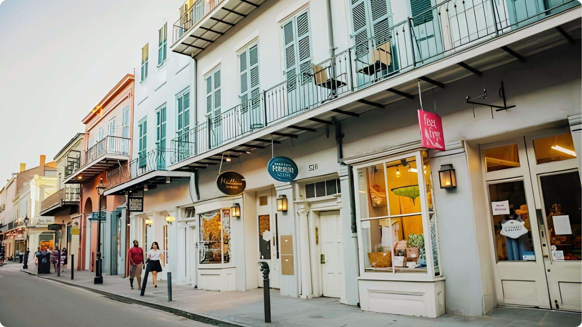 Colorful Royal Street shops with iron balconies, best street for shopping and strolling in French Quarter