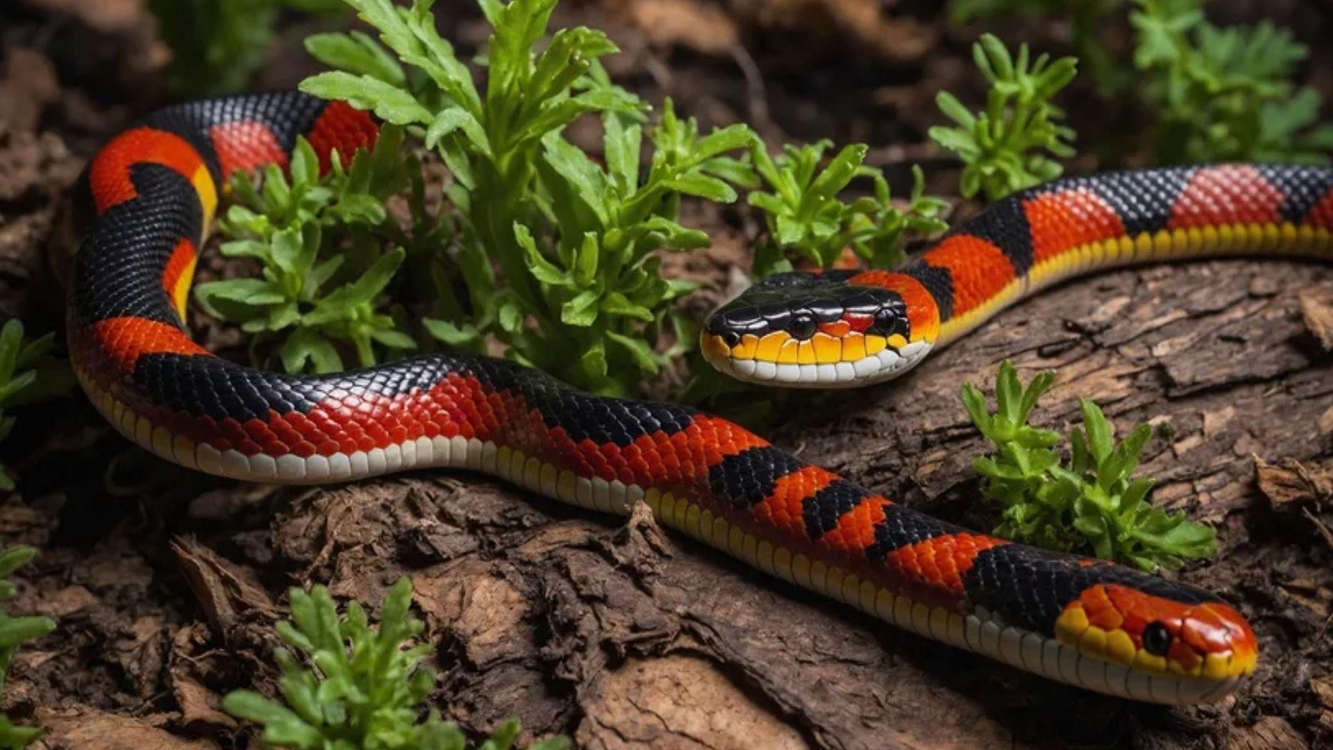 Scarlet kingsnake with red black yellow bands coiled on bark among green plants