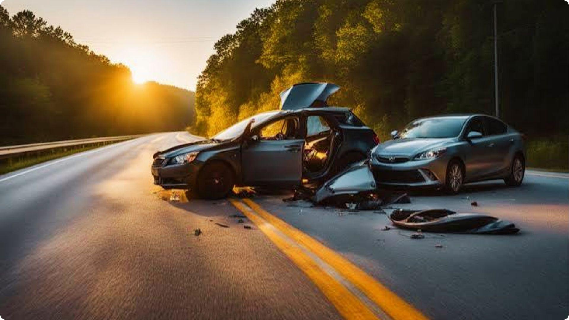Two wrecked cars blocking a highway at sunset after a serious collision in Georgia state.