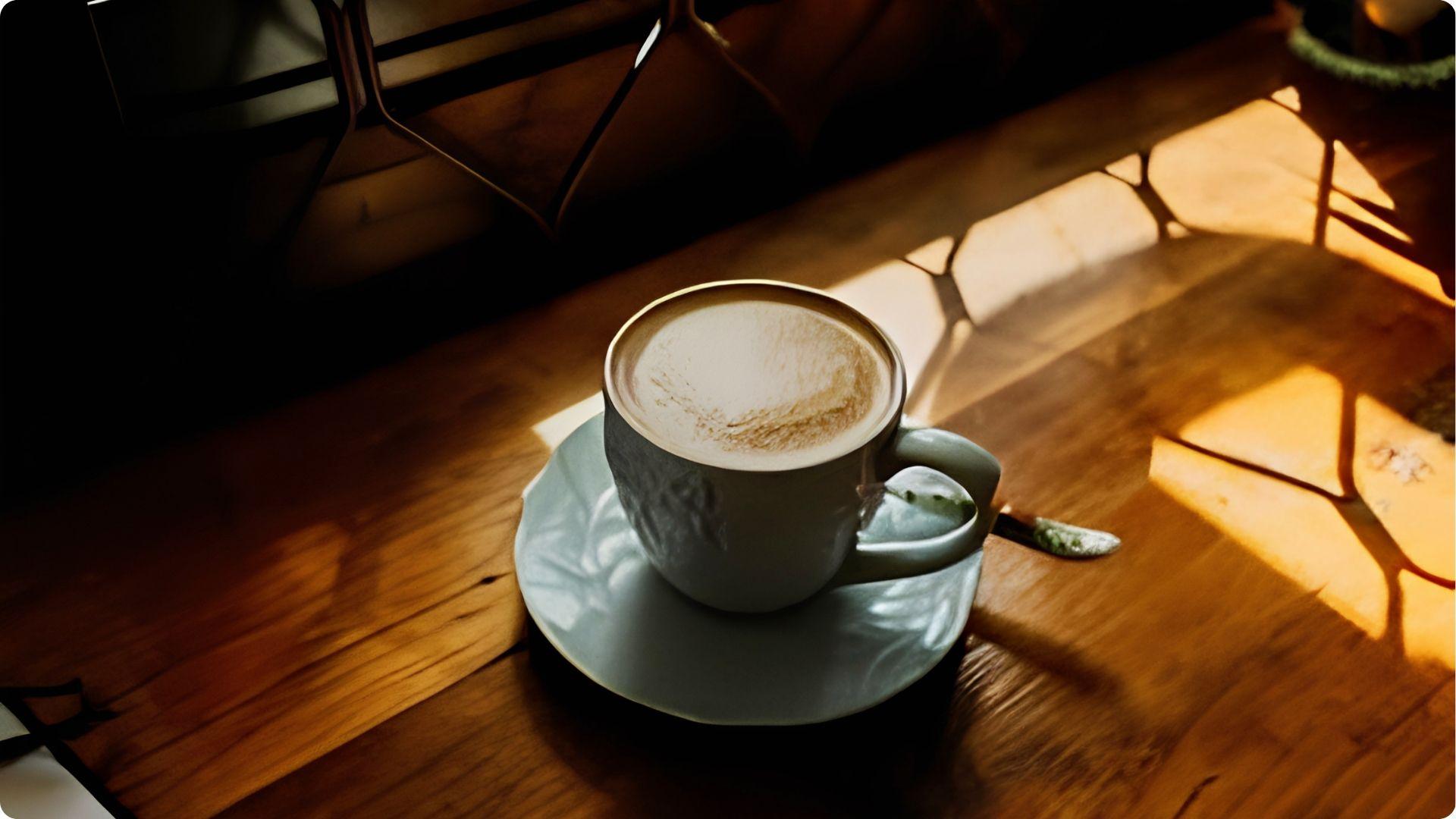 Foamy latte in gray cup on sunlit wooden table, cozy warm vibe at best coffee shop in Savannah