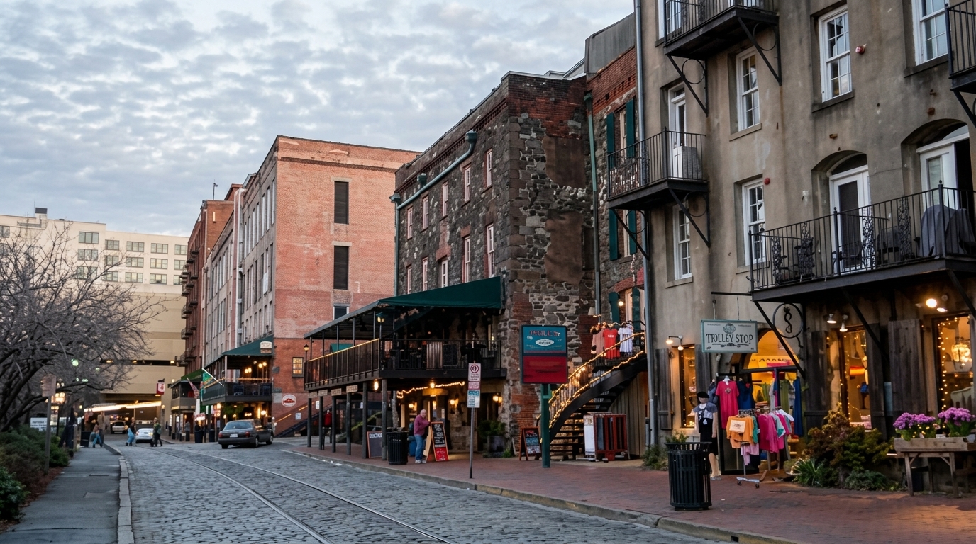 Trolley stop sign on River Street in Savannah's Historic District at dusk, brick buildings and shops.
