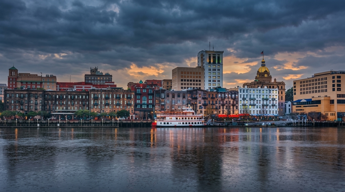 Savannah's riverfront buildings and a docked riverboat reflect on the water under a cloudy sunset sky.
