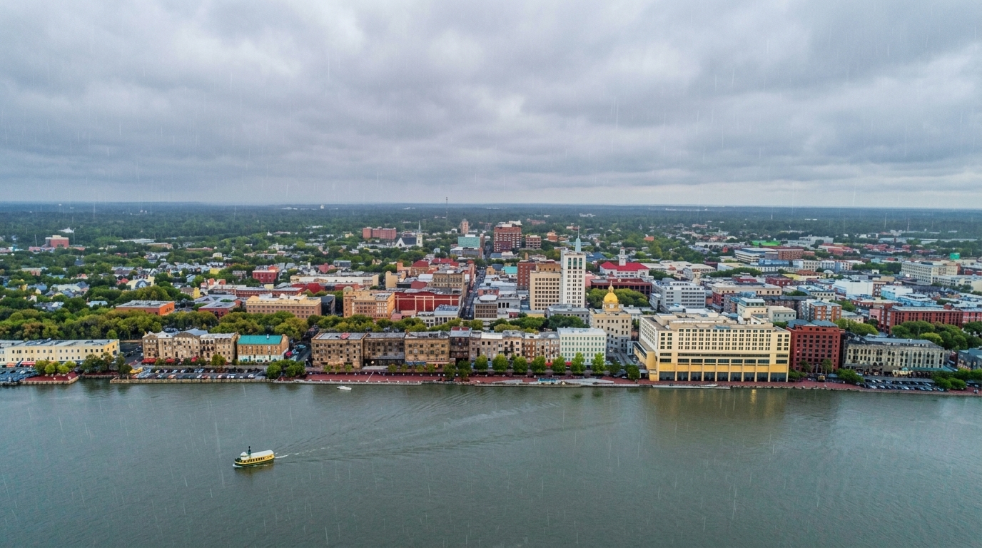 Aerial view of a yellow boat sailing on a wide river next to a city skyline of Savannah.
