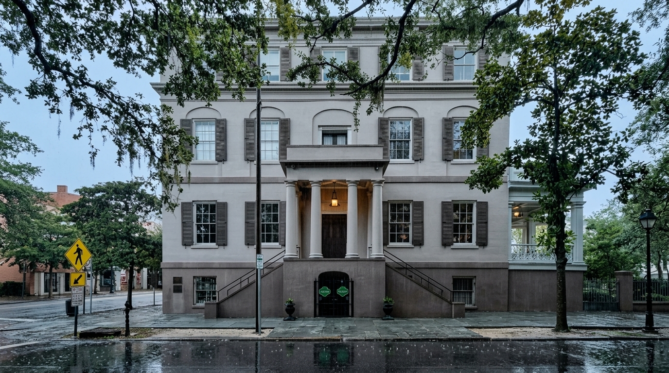 Historic Juliette Gordon Low Birthplace with columns and shutters stands on a wet Savannah street.