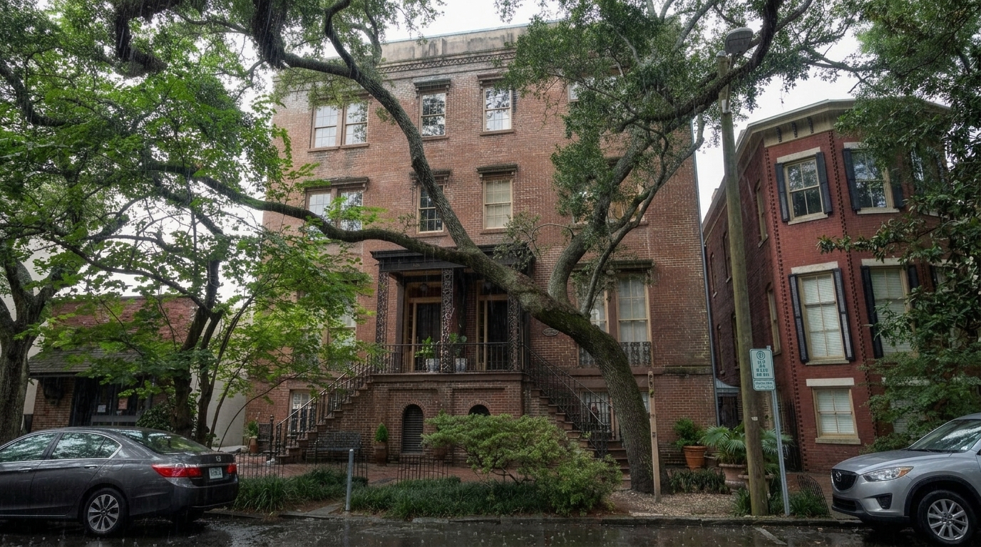  Mrs. Wilkes Dining Room, iron balcony, oak tree, parked cars in front.
