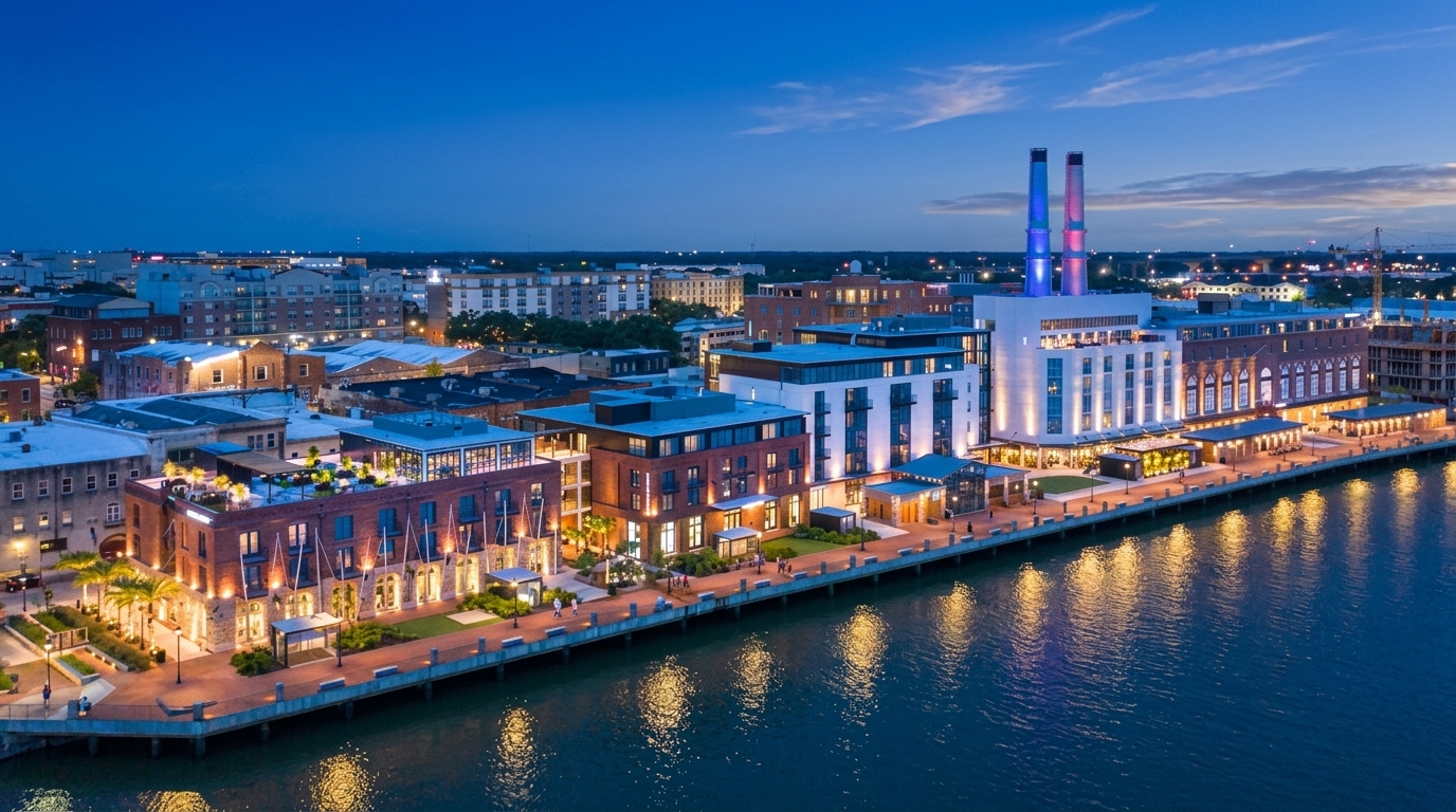 Plant Riverside District in Savannah lit up at night, glowing smokestacks reflecting on the water.

