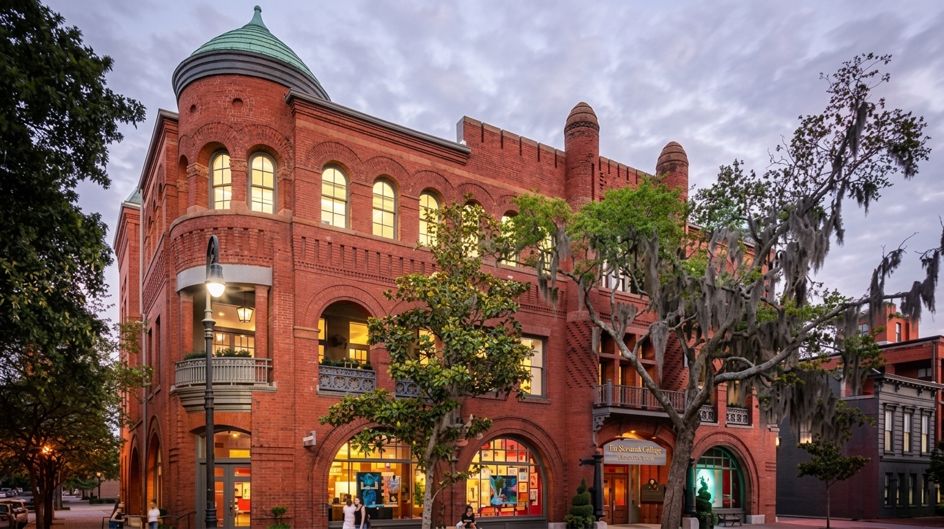 SCAD building in Savannah, red brick with turret and arched windows glowing at dusk.
