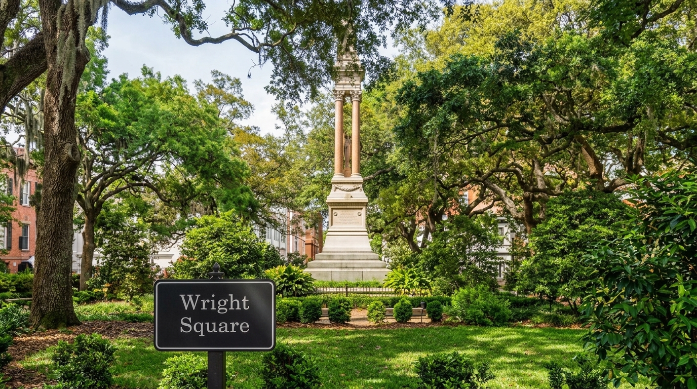 Wright Square sign in Savannah, stone monument with columns surrounded by green shrubs and oak trees.
