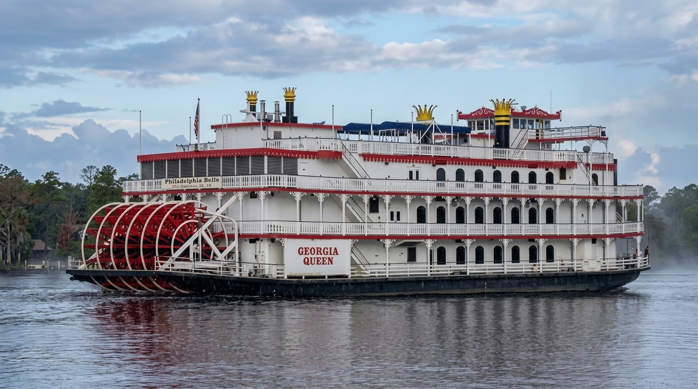 The Georgia Queen riverboat with red paddle wheel cruises along the calm river under a cloudy sky.
