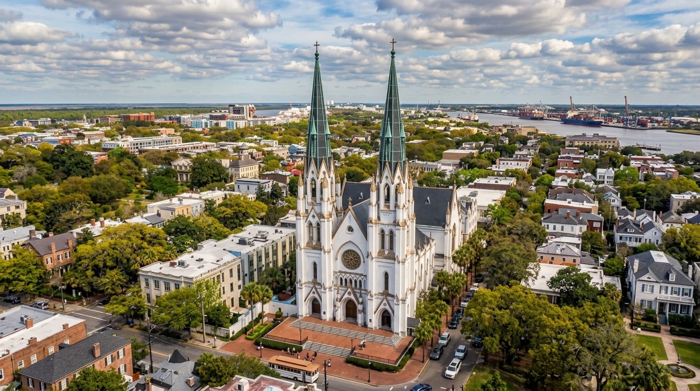 Aerial view of Cathedral Basilica in Savannah, tall spires rising above tree-lined historic streets.