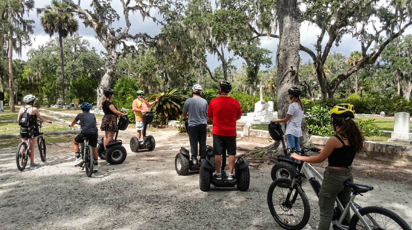  Segway and bike tour group riding through a Savannah cemetery under trees draped with moss.
