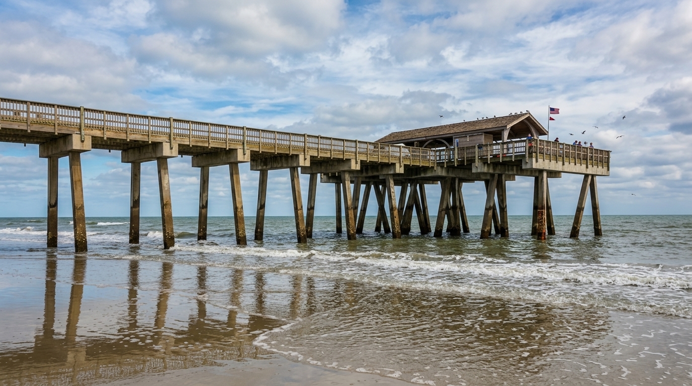  A long wooden pier stretches over the ocean waves along the sandy shore at Tybee Island.
