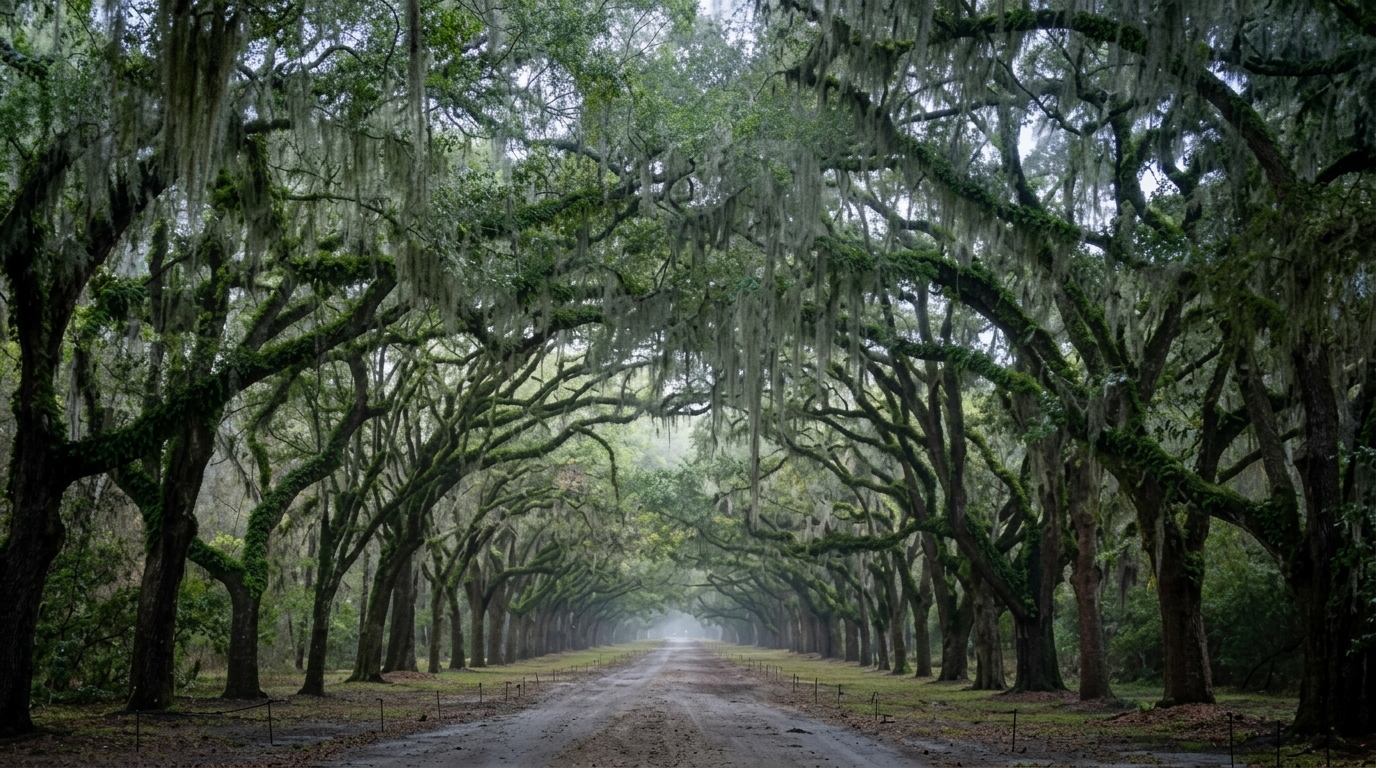 Wormsloe oak tree tunnel with hanging moss forming a canopy over a road.
