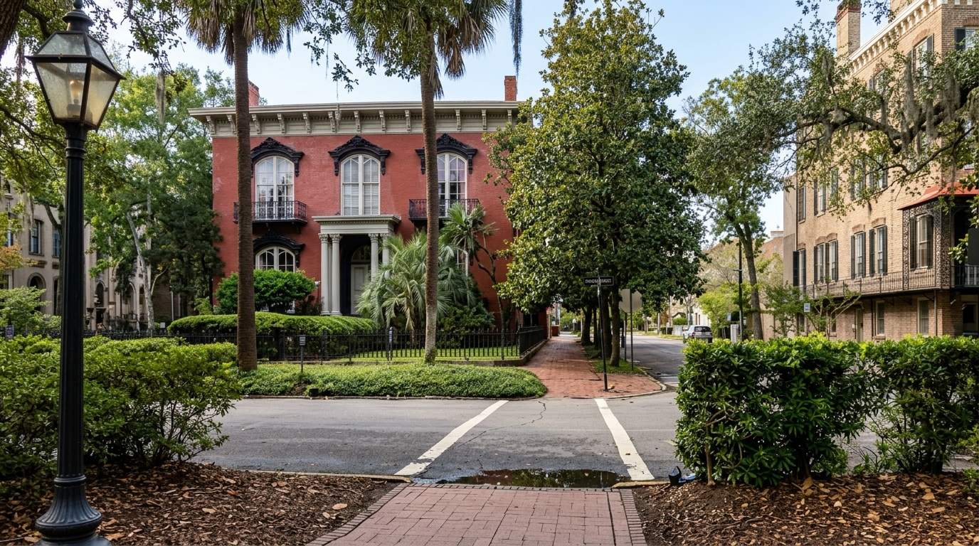 Mercer Williams House on Monterey Square in Savannah, red brick facade with palm trees around.
