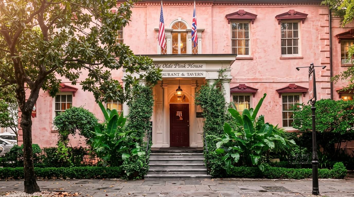 The Olde Pink House restaurant in Savannah, pink facade with flags and tropical plants at entrance.