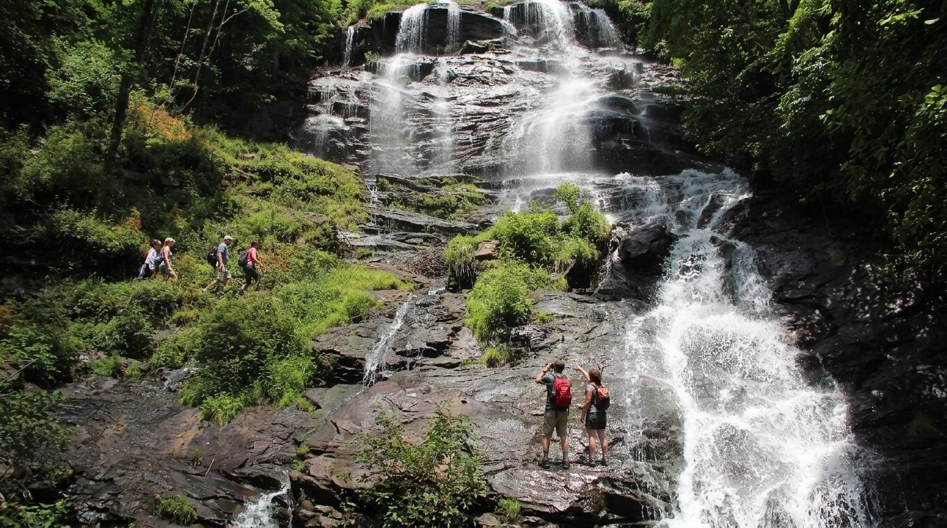 Hikers stand at the base of Amicalola Falls while others climb the trail through lush green forest in Georgia
